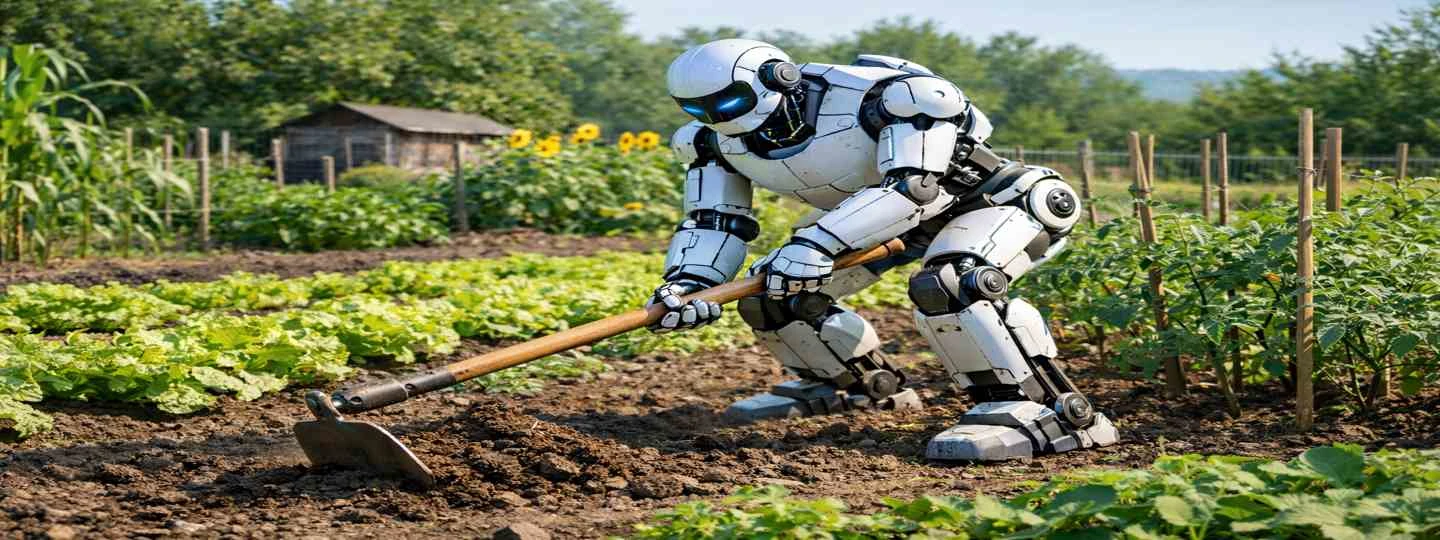 Robot u vrtu koji prikazuje trendovi u ekološkoj poljoprivredi 2026 i digitalnu preciznost