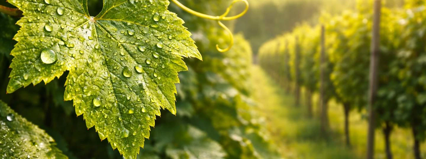 Hitozan u ekološkoj proizvodnji – intenzivno zeleni list vinove loze s rosom u vinogradu